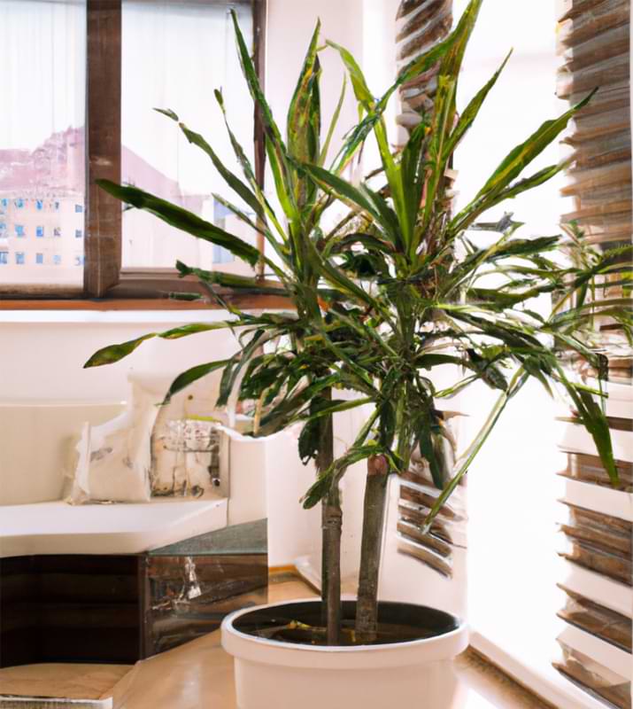 A large Dracaena Marginata in a white pot complemented by modern decor interior design.